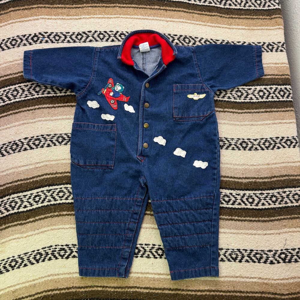 Baby Toddlers Vintage 80s Popsicle Denim Plane One-Piece Coveralls Romper Sz 24M